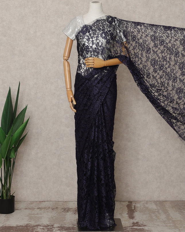Navy Blue Premium 2-Tone French Chantilly Lace Saree Fabric 5.5 Mtrs with 110 Cms Width – Imported from France-D25658