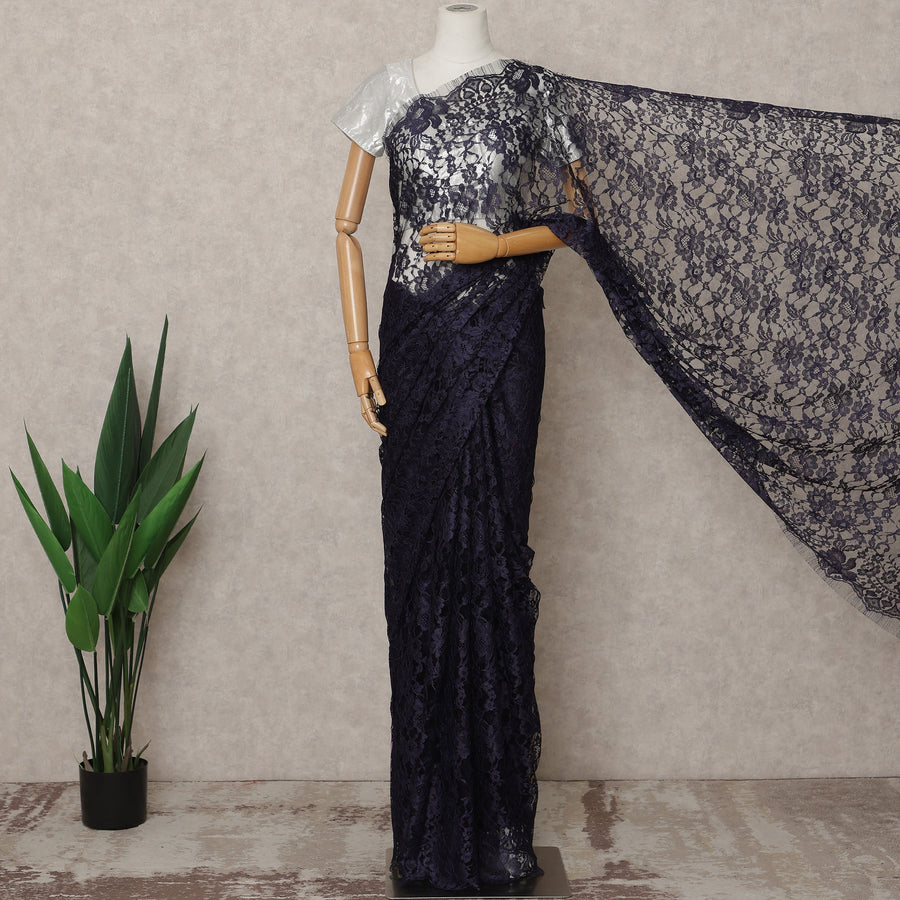 Navy Blue Premium 2-Tone French Chantilly Lace Saree Fabric 5.5 Mtrs with 110 Cms Width – Imported from France-D25658