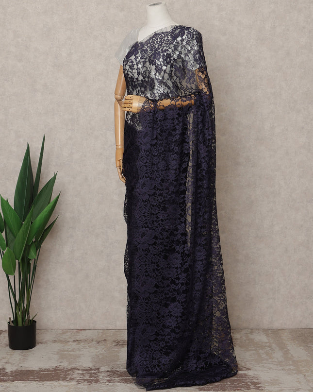 Navy Blue Premium 2-Tone French Chantilly Lace Saree Fabric 5.5 Mtrs with 110 Cms Width – Imported from France-D25658