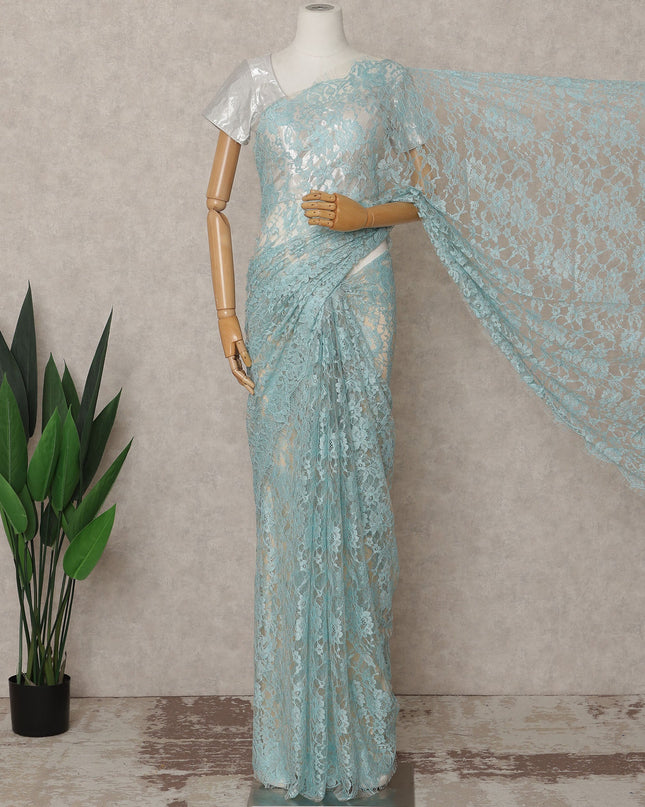 Aqua Blue Premium French 2-Tone Chantilly Lace Saree – 5.5 Meters Length, 110 Cms Width, Crafted in France-D26093