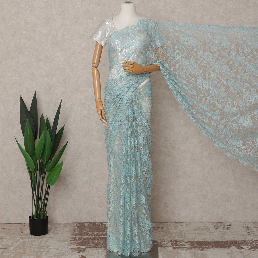 Aqua Blue Premium French 2-Tone Chantilly Lace Saree – 5.5 Meters Length, 110 Cms Width, Crafted in France-D26093