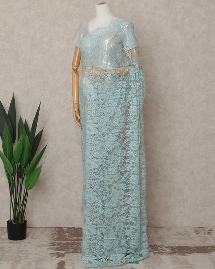 Aqua Blue Premium French 2-Tone Chantilly Lace Saree – 5.5 Meters Length, 110 Cms Width, Crafted in France-D26093