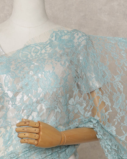 Aqua Blue Premium French 2-Tone Chantilly Lace Saree – 5.5 Meters Length, 110 Cms Width, Crafted in France-D26093