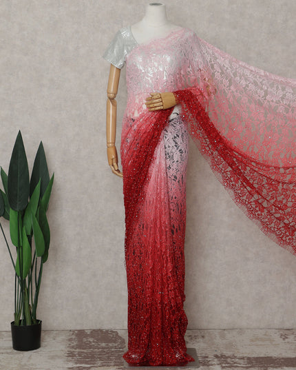 Blush Pink to Ruby Red Ombre French Chantilly Lace Saree