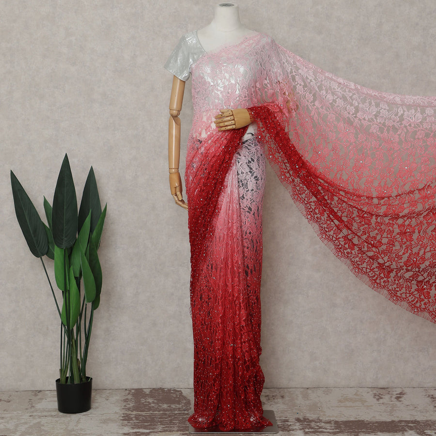 Blush Pink to Ruby Red Ombre French Chantilly Lace Saree