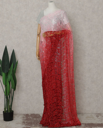 Blush Pink to Ruby Red Ombre French Chantilly Lace Saree