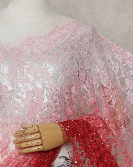 Blush Pink to Ruby Red Ombre French Chantilly Lace Saree