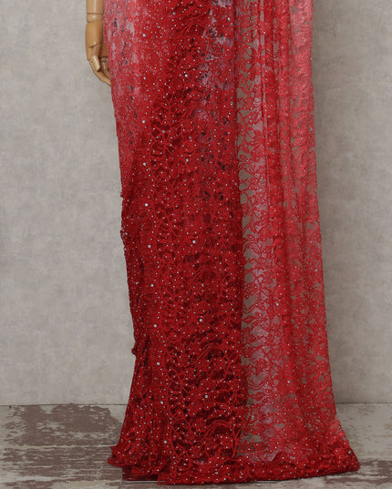 Blush Pink to Ruby Red Ombre French Chantilly Lace Saree