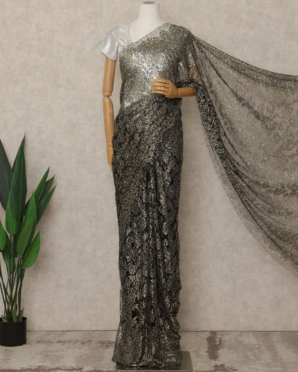 Gunmetal Black Premium French Metallic Chantilly Lace Saree with Stone Work, 5.5 Mtrs Length, 110 Cms Width, Made in France-D27151