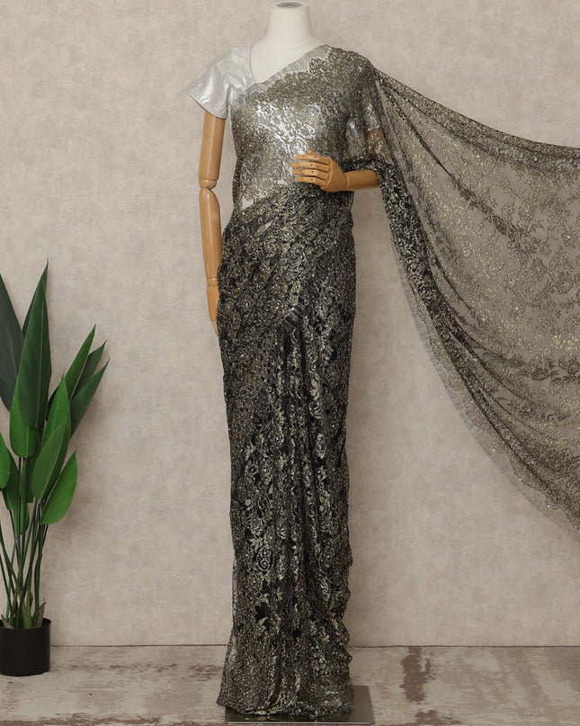 Gunmetal Black Premium French Metallic Chantilly Lace Saree with Stone Work, 5.5 Mtrs Length, 110 Cms Width, Made in France-D27151