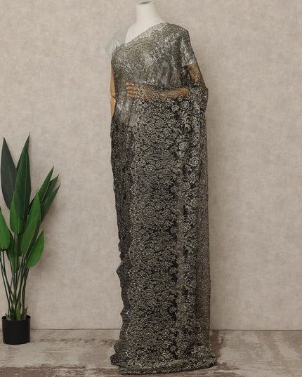 Gunmetal Black Premium French Metallic Chantilly Lace Saree with Stone Work, 5.5 Mtrs Length, 110 Cms Width, Made in France-D27151