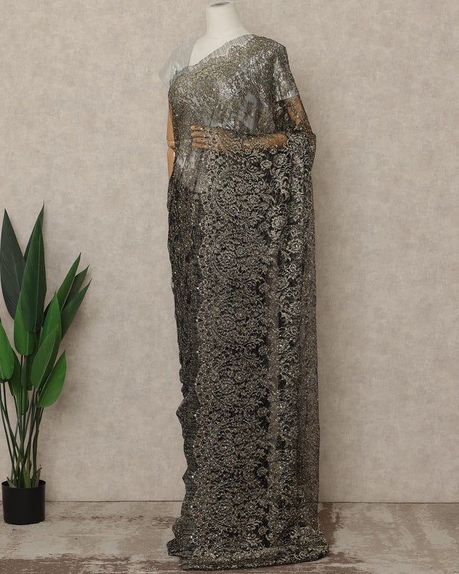 Gunmetal Black Premium French Metallic Chantilly Lace Saree with Stone Work, 5.5 Mtrs Length, 110 Cms Width, Made in France-D27151