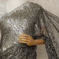 Gunmetal Black Premium French Metallic Chantilly Lace Saree with Stone Work, 5.5 Mtrs Length, 110 Cms Width, Made in France-D27151