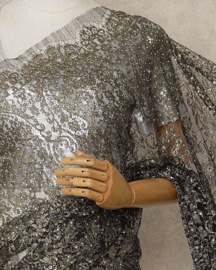 Gunmetal Black Premium French Metallic Chantilly Lace Saree with Stone Work, 5.5 Mtrs Length, 110 Cms Width, Made in France-D27151