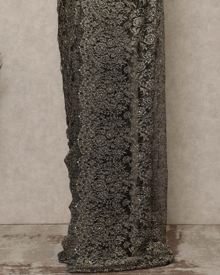 Gunmetal Black Premium French Metallic Chantilly Lace Saree with Stone Work, 5.5 Mtrs Length, 110 Cms Width, Made in France-D27151