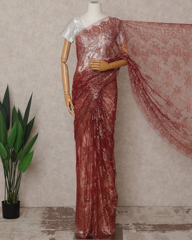 Copper Premium French Metallic Chantilly Lace Saree – 5.5 Meters Length, 110 Cms Width, Crafted in France-D26112
