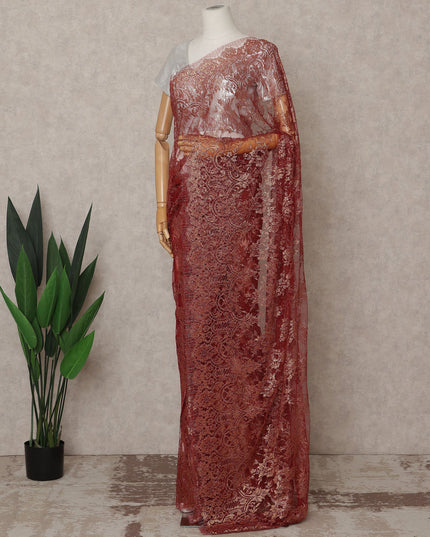 Copper Premium French Metallic Chantilly Lace Saree – 5.5 Meters Length, 110 Cms Width, Crafted in France-D26112