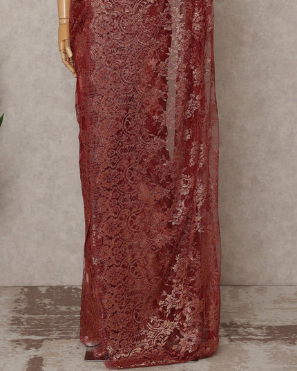 Copper Premium French Metallic Chantilly Lace Saree – 5.5 Meters Length, 110 Cms Width, Crafted in France-D26112