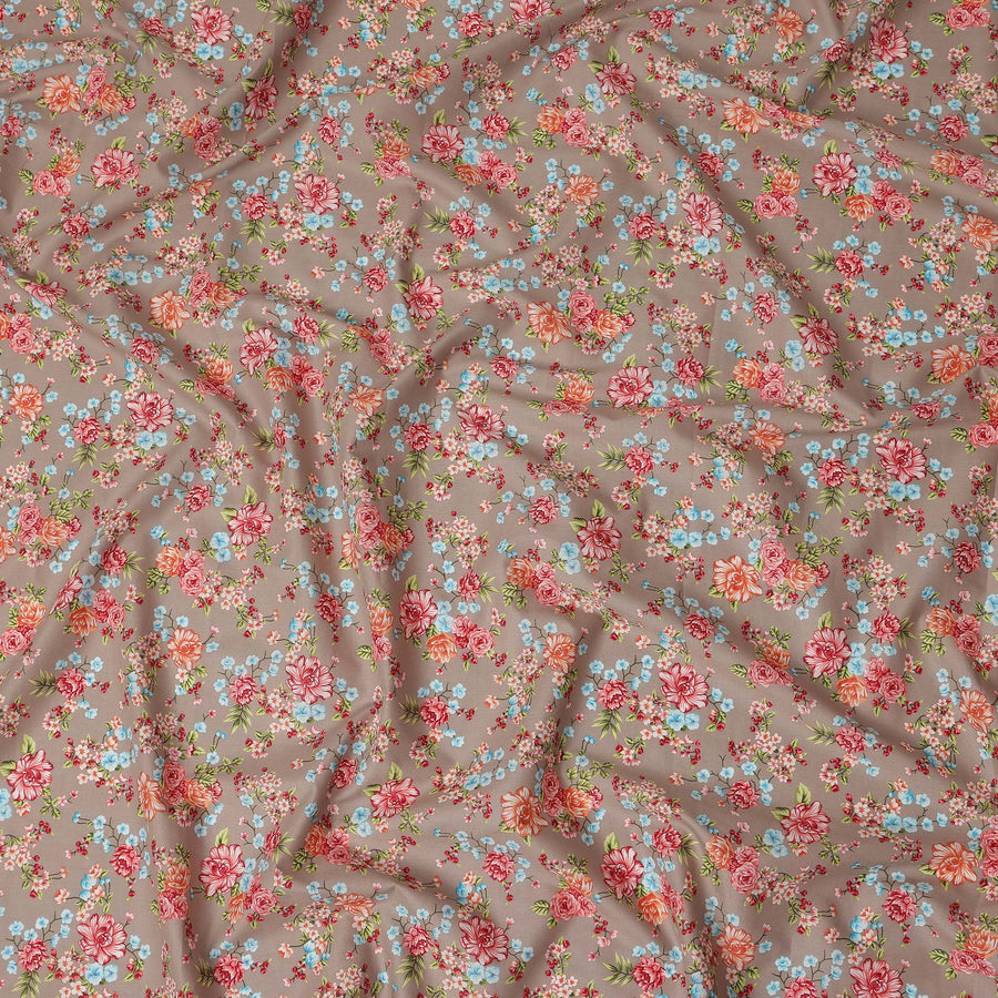 Taupe Brown Floral Printed Cotton Lawn Fabric Soft Lightweight Breathable Dressmaking Sewing Material 4.0 Meters Length 110 Cms Width India-D27620