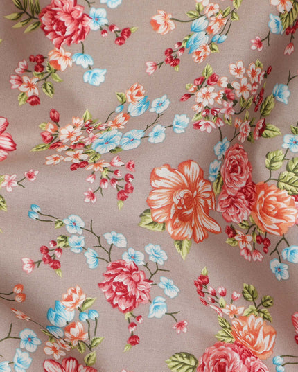 Taupe Brown Floral Printed Cotton Lawn Fabric Soft Lightweight Breathable Dressmaking Sewing Material 4.0 Meters Length 110 Cms Width India-D27620