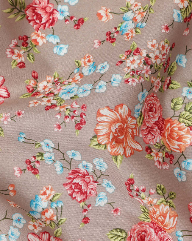Taupe Brown Floral Printed Cotton Lawn Fabric Soft Lightweight Breathable Dressmaking Sewing Material 4.0 Meters Length 110 Cms Width India-D27620