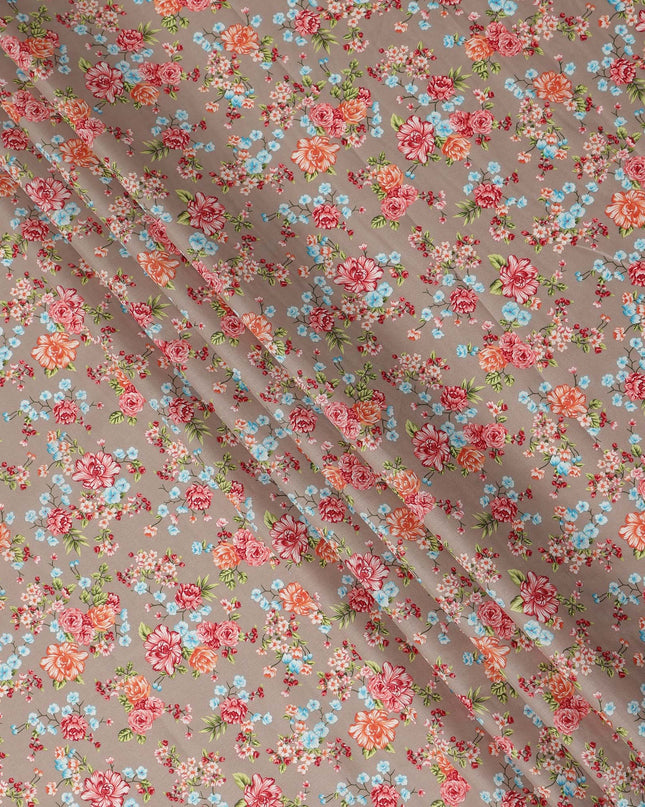 Taupe Brown Floral Printed Cotton Lawn Fabric Soft Lightweight Breathable Dressmaking Sewing Material 4.0 Meters Length 110 Cms Width India-D27620