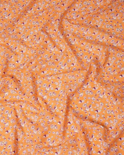 Orange Floral Printed Cotton Lawn Fabric Soft Lightweight Breathable Dressmaking Sewing Material 4.0 Meters Length 110 Cms Width India-D27623