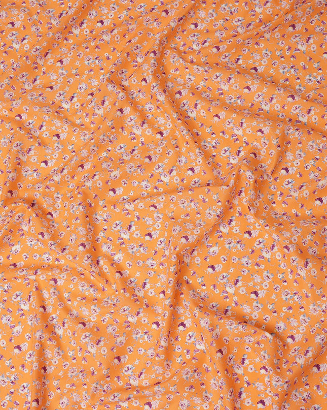 Orange Floral Printed Cotton Lawn Fabric Soft Lightweight Breathable Dressmaking Sewing Material 4.0 Meters Length 110 Cms Width India-D27623