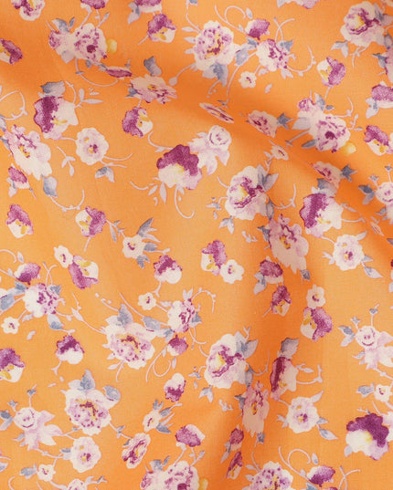 Orange Floral Printed Cotton Lawn Fabric Soft Lightweight Breathable Dressmaking Sewing Material 4.0 Meters Length 110 Cms Width India-D27623