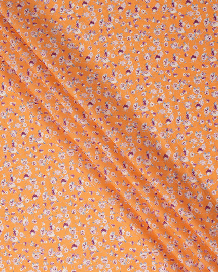 Orange Floral Printed Cotton Lawn Fabric Soft Lightweight Breathable Dressmaking Sewing Material 4.0 Meters Length 110 Cms Width India-D27623