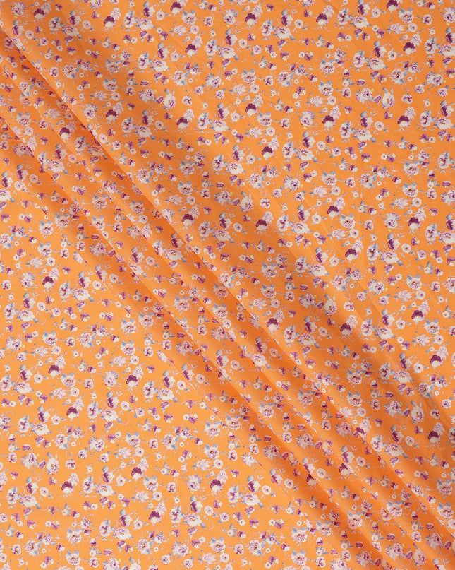 Orange Floral Printed Cotton Lawn Fabric Soft Lightweight Breathable Dressmaking Sewing Material 4.0 Meters Length 110 Cms Width India-D27623