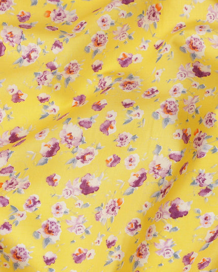 Yellow Floral Printed Cotton Lawn Fabric Soft Lightweight Breathable Dressmaking Sewing Material 4.0 Meters Length 110 Cms Width India-D27624