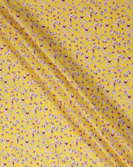 Yellow Floral Printed Cotton Lawn Fabric Soft Lightweight Breathable Dressmaking Sewing Material 4.0 Meters Length 110 Cms Width India-D27624