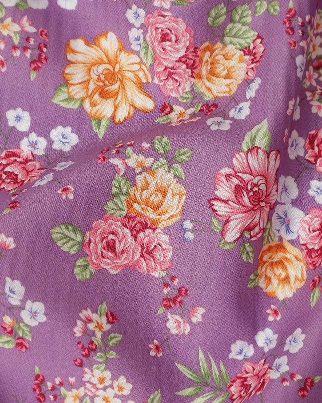 Purple Floral Printed Cotton Lawn Fabric Soft Lightweight Breathable Dressmaking Sewing Material 4.0 Meters Length 110 Cms Width India-D27625