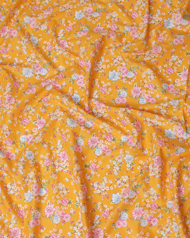 Mustard Yellow Floral Printed Cotton Lawn Fabric Soft Lightweight Breathable Dressmaking Sewing Material 4.0 Meters Length 110 Cms Width India-D27626