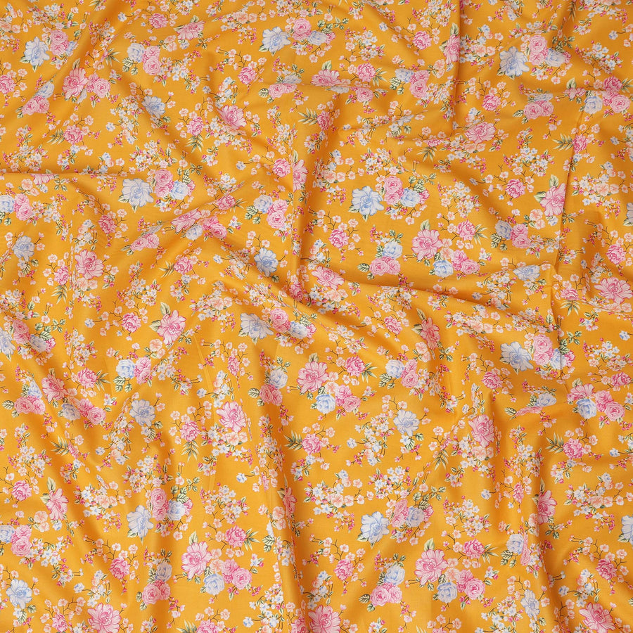 Mustard Yellow Floral Printed Cotton Lawn Fabric Soft Lightweight Breathable Dressmaking Sewing Material 4.0 Meters Length 110 Cms Width India-D27626
