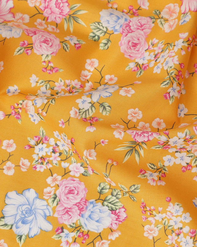 Mustard Yellow Floral Printed Cotton Lawn Fabric Soft Lightweight Breathable Dressmaking Sewing Material 4.0 Meters Length 110 Cms Width India-D27626