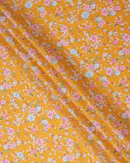 Mustard Yellow Floral Printed Cotton Lawn Fabric Soft Lightweight Breathable Dressmaking Sewing Material 4.0 Meters Length 110 Cms Width India-D27626