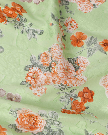 Light Green Floral Printed Cotton Uragiri Voile Fabric, 110 Cms Width, Japan-D25289