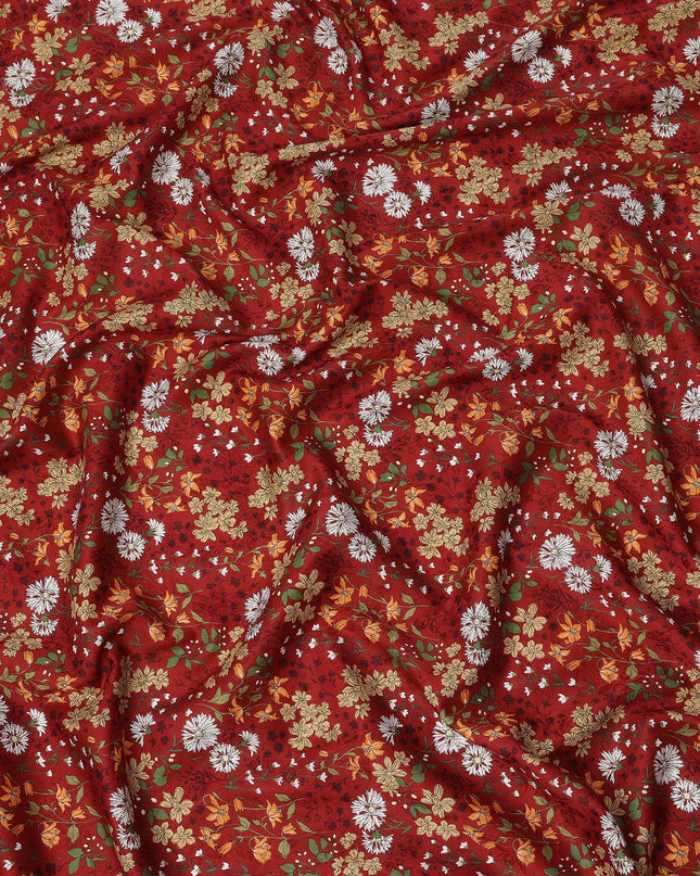 Deep red cotton lawn printed Fabric with white daisies, marigold blooms and sage green botanical vines, 110 Cms Width, India-D25286