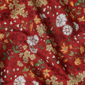 Deep red cotton lawn printed Fabric with white daisies, marigold blooms and sage green botanical vines, 110 Cms Width, India-D25286