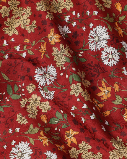Deep red cotton lawn printed Fabric with white daisies, marigold blooms and sage green botanical vines, 110 Cms Width, India-D25286