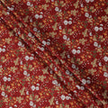 Deep red cotton lawn printed Fabric with white daisies, marigold blooms and sage green botanical vines, 110 Cms Width, India-D25286
