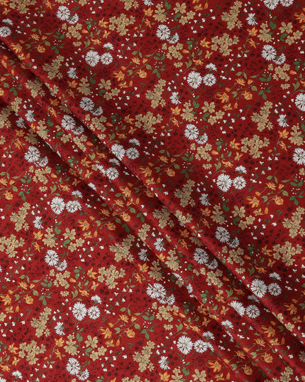 Deep red cotton lawn printed Fabric with white daisies, marigold blooms and sage green botanical vines, 110 Cms Width, India-D25286