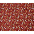 Deep red cotton lawn printed Fabric with white daisies, marigold blooms and sage green botanical vines, 110 Cms Width, India-D25286