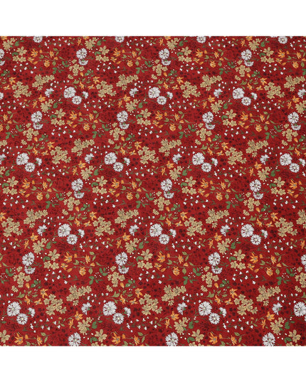Deep red cotton lawn printed Fabric with white daisies, marigold blooms and sage green botanical vines, 110 Cms Width, India-D25286