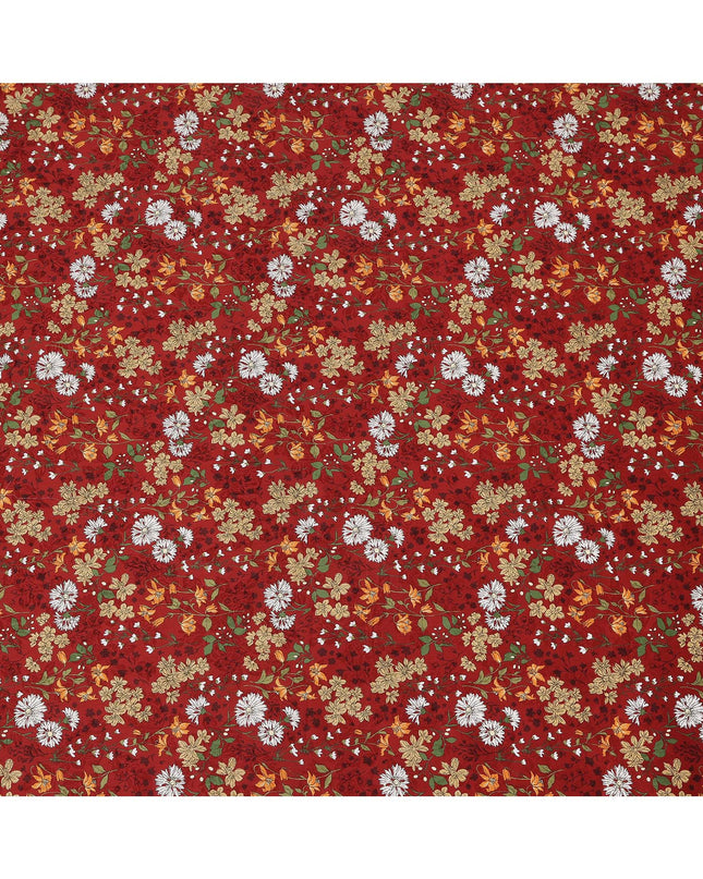 Deep red cotton lawn printed Fabric with white daisies, marigold blooms and sage green botanical vines, 110 Cms Width, India-D25286