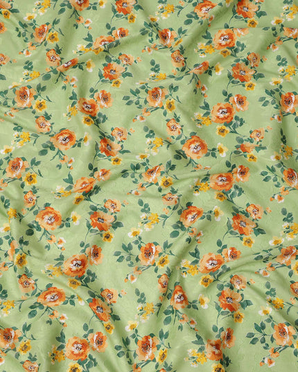 Light Green Floral Printed Cotton Uragiri Voile Fabric, 110 Cms Width, Japan-D25291