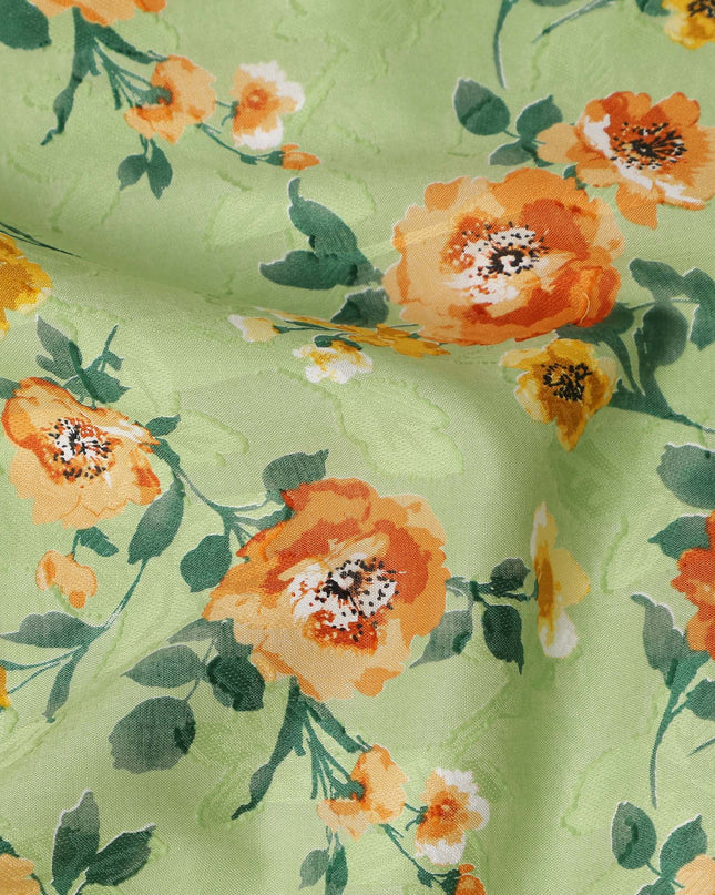 Light Green Floral Printed Cotton Uragiri Voile Fabric, 110 Cms Width, Japan-D25291