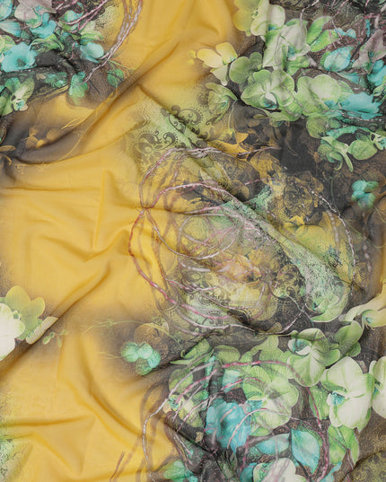 Yellow Green-Black Cotton Voile Traditional Sudanese Thobe with Floral Artistic Print, 4.5 Mtrs Piece, Width 140 Cms, Made in India-D26476